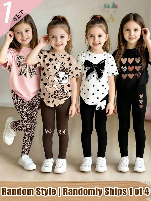 (4 conjuntos aleatorios, se envía 1 conjunto) 1 conjunto de camiseta corta básica casual y leggings con estampado de leopardo, lazo negro, cuadrícula de nueve, degradado de leopardo, corazón, gato blanco kawaii, refrescante y creativo para niñas, primavera, verano y otoño