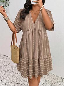 SHEIN Frenchy Women's Plus Size Deep V-Neck Short Sleeve Striped Textured Dress - Multicolor - View 3