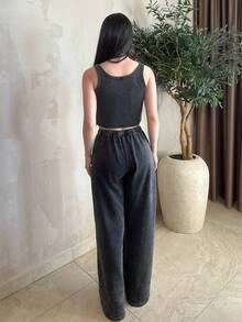 hhfernanda Women's Plus Size Summer Streetwear Vintage Going Out Casual Renaissance Fair Club Sexy Y2K Rib Knit Washed Grey Notched Collar Truncated Tank Black - Black - View 2