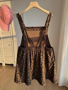 Comfortcana Plus Size Women's Leopard Print Letter Graphic Denim Overall Dress - Brown - View 2