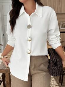 Weeklong Women's Plus Size Spring/Autumn Single Piece Stand Collar Metal Button White Shirt, Loose Drop Shoulder Style, Mature Casual Versatile Blouse Fall - White - View 3