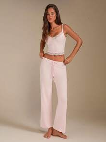 Athîral Women's Casual Elegant Knit Camisole Blush Pink Loungewear Set, Solid Color Lace Cute Set, Home Wear Lounge Sleep Summer,Women's Two-Piece Sets - Pink - View 3