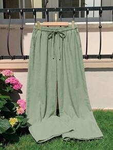 GalTyme Plus Size Women's Solid Color Drawstring Waist Casual Versatile Daily Wear Long Pants Fall - Green - View 5