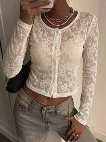 DAZY Women's Summer Round Neck Long Sleeve Fitted Lace Textured Sheer Open Front Casual T-Shirt Cute Tops - Apricot - View 8