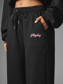Missguided x Playboy Logo Embroidered Wide Leg Jogger Sweatpants With Drawstring Waist And Side Pockets Cozy Fleece Casual Pants - Black - View 4