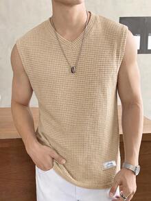 ESTAVOR 男士夏季休閒寬鬆版型無袖背心 T-shirt 標準尺寸 杏色 V 領 素色 - 杏色 - 查看 7