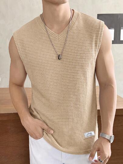 SWAVVY Men's Summer Casual Loose Fit Sleeveless Tank Top T-Shirt Standard Size Apricot V-Neck Plain