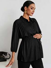 MaterniWear Atasan Hamil Wanita Kasual Longgar dengan Kerah Lipat dan Tali Serut, Model Tenun Warna Polos yang Modis untuk Aktivitas Luar Ruangan - Hitam - View 2