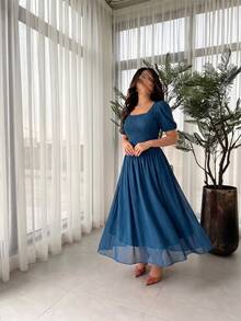 Modelyn Women's French Elegant Square Neck Petal Sleeve Textured Pleated Chiffon Patchwork Long Dress Plus Size - Teal Blue - View 6