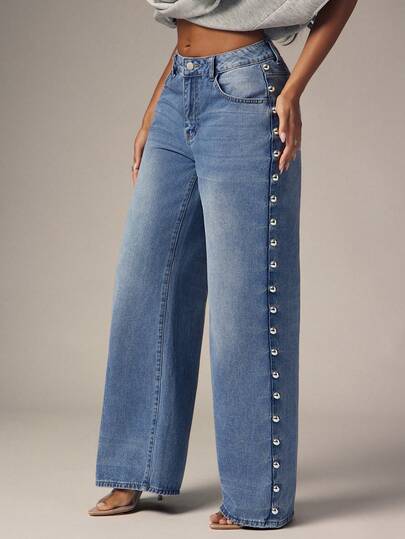 Denimoi Casual Washed Straight Leg Jeans With Rivet Decor, Going Out, Streetwear, Cool Girl Jeans