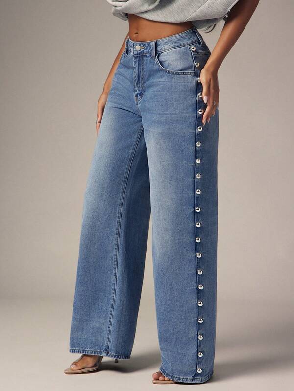 Denimoi Casual Washed Straight Leg Jeans With Rivet Decor, Going Out, Streetwear, Cool Girl Jeans