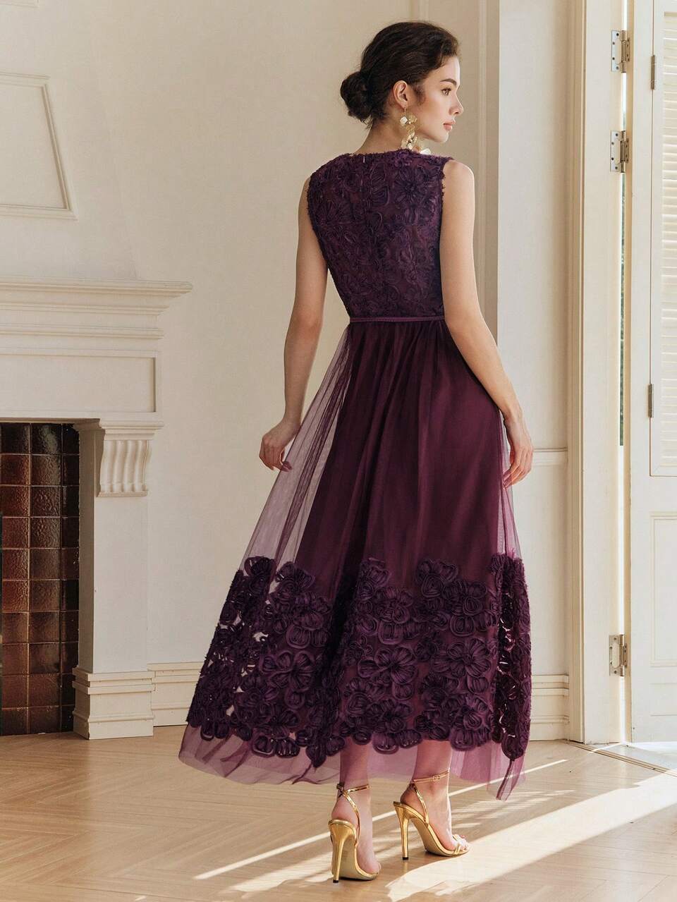 Anewsta Spring/Summer New Vacation Party Round Neck Embroidered Mesh Fabric Braided Rope Floral Belt Waist-Cinching Full Skirt Elegant Long Dress For Women