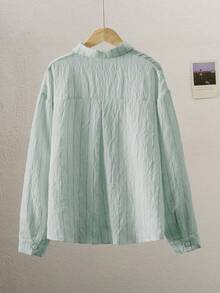 Sparklyn 青少年 13-19 歲米白色條紋長袖 Polo 刺繡襯衫 - 綠色 - 查看 2