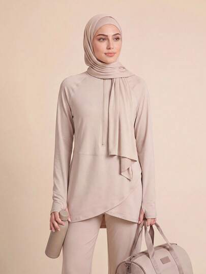 With My Calm With My Calm Women's Spring Summer Autumn Premium Outdoor New Slimming High Neck Half-Zip Textured Long Sleeve Loose Fit Hooded Drawstring Training Running Workout Top