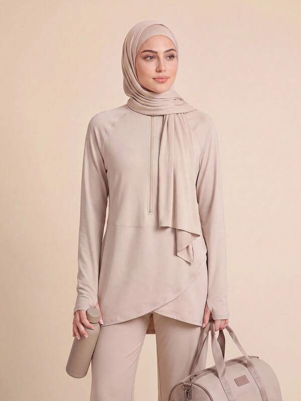 With My Calm With My Calm Women's Spring Summer Autumn Premium Outdoor New Slimming High Neck Half-Zip Textured Long Sleeve Loose Fit Hooded Drawstring Training Running Workout Top