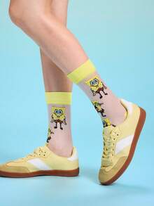 SpongeBob SquarePants | SHEIN 2雙超薄透明隱形襪，水晶絲女款中筒襪，透氣柔軟，適合春夏日常穿著 - 彩色 - 查看 8
