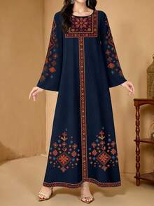 SHEIN Najma 女士花卉植物印花优雅圆领长袖春季阿拉伯风格连衣裙 - 彩色 - 查看 3