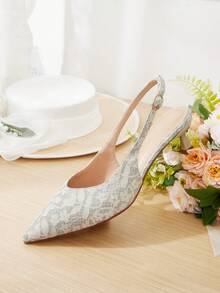 CUCCOO HITCHD Silver Lace Back Empty Shoes French Pointed Buckle Strap Stiletto Commuter Banquet High Heels - Silver - View 12