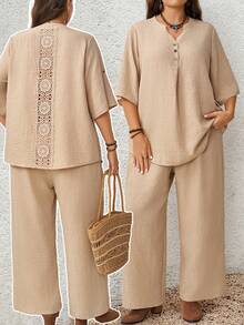 EMERY ROSE Plus Size Women Solid Color Rolled Sleeve Shirt And Pants Casual 2 Pieces Set - Khaki - View 3
