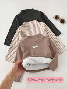 (1 Buah Acak) Atasan Lengan Panjang Rajut Lucu Warna Polos Motif Huruf untuk Bayi Laki-laki Musim Gugur/Dingin dengan Lapisan Termal - Coklat - View 1