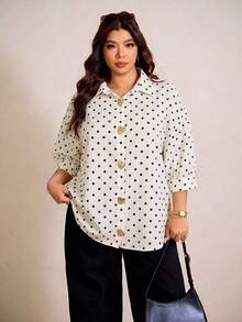 Elaquor Plus Size French Fashion Metal Heart Buckle Polka Dot Print Blouse - White - View 8