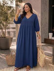 SHEIN CURVE+ 大尺碼 V 領七分袖海軍藍紋理布料長版寬鬆洋裝，2026 冬季 22W - 藏蓝色 - 查看 5