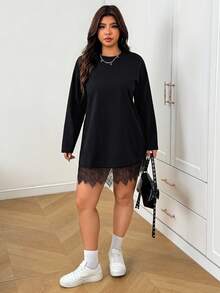 SHEIN EZwear Robe grande taille couleur unie avec patchwork en dentelle automne - Noir - Voir 6