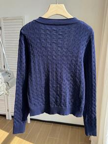 Comfortcana Plus Size Women's Equestrian Pattern Long Sleeve Single-Breasted Casual Knit Cardigan Winter - Navy Blue - View 2