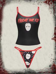 Friday the 13th X ROMWE طقم سلكي من الحمالة والسروال للنساء مزين برسومات الأقنعة والحروف - الأسود - مشاهدة 1