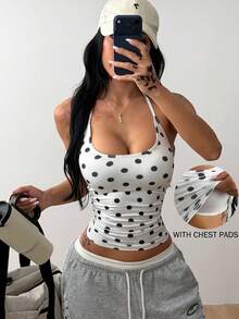 Coolane Women's Summer Polka Dot Halter Neck Tank Top With Built-In Bra Pads, Backless Ruched Slim Fit Sleeveless Y2K Workout Crop Cami - White - View 3