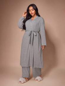 Lazeform Long Ins-Style Short Sleeve Long Pants Tie-Up Robe Loungewear Pajamas Casual Home Bathrobe Plus Size - Grey - View 6