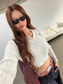 K-Vae Damen Ritter Stickerei Langarm Crop Fashion Pullover - Weiss - Übersicht 3
