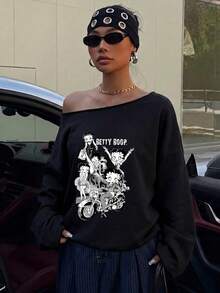 Betty Boop x SHEIN SHEIN EZwear 休閒寬鬆露肩卡通印花加厚衛衣，適合外出、街頭風、時尚、返校、Y2K、派對日常穿搭，秋季 - 黑色 - 查看 6