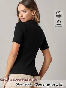 SHEIN BASICS Plus Size Casual Baggy Solid Color Short Sleeve T-Shirt Old Money Basic Back To School Going Out Formal Home Wear Summer Black - Black - View 2