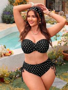 Swim Mod Plus Size Women 2pcs Random Polka Dot Print Casual Swimwear Set - Black and White - View 3