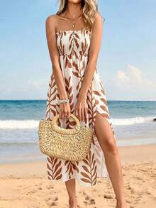 SHEIN Swim 夏季泳裝新品 度假風 優雅熱帶極簡休閒鄉村風 女款米白色葉片花卉平口抓皺開衩露肩洋裝 - 棕色 - 查看 6