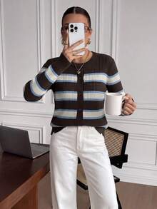 Muvela Women's Striped Long Sleeve Single-Breasted Casual Knit Cardigan - Brown - View 7