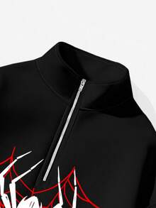 Attitoon Women's Small Floral Pattern Wide Grey Loose Half-Zip High Neck Lightweight Pullover Sweatshirt - Black - View 5