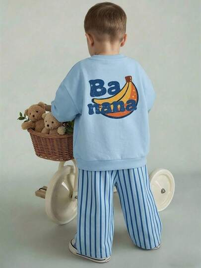 Ensemble sweat-shirt imprimé banane & pantalon rayé pour bébé garçon