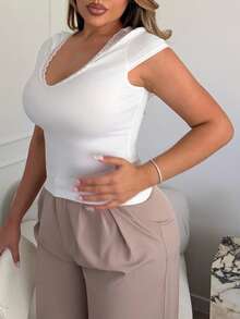Maria Perezxox Damen Sommer Mode Kontrast Spitze Einfarbig Slim Fit V-Ausschnitt T-Shirt Lässig - Weiss - Übersicht 3