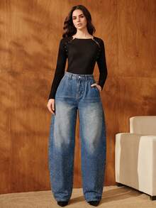 Anewsta Women's Fashion New Sparkling Rhinestone Embellished Vacation Light Blue Jeans Flared Pants Going Out Night Out Party Summer 90s Streetwear - Blue - View 5