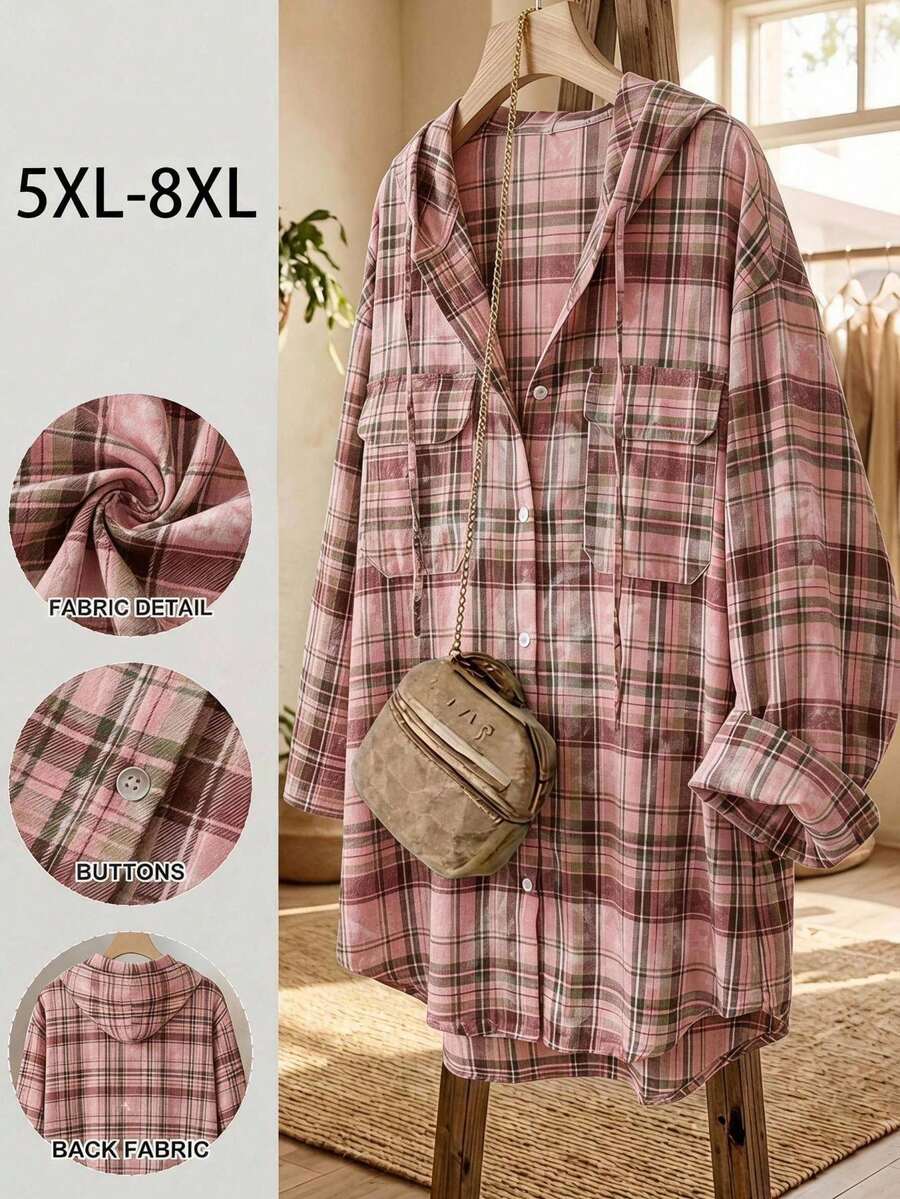 SHEIN CURVE+ 大尺碼女款格紋休閒百搭日常穿著襯衫 - 彩色 - 查看 1