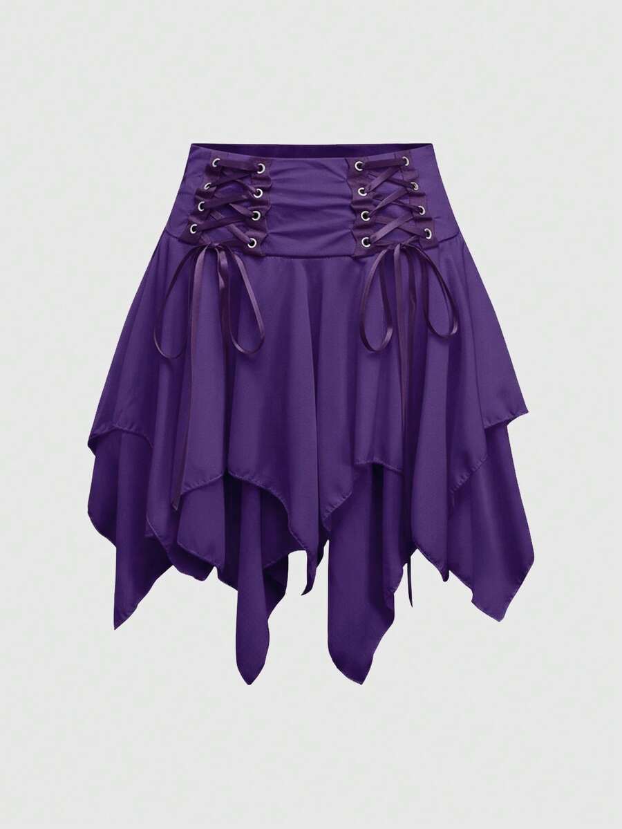 ROMWE Goth Spring/Summer Carnival Party Casual Punk Style Vacation Wedding Innocent Cute Asymmetric Hem Eyelet Lace-Up Bow Decor Women Skirt - Purple - View 1