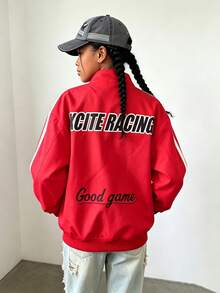 女童紅黑字母街頭風印花立領撞色休閒通勤必備酷感街頭服飾，秋季、返校、學校、校服 - 紅色 - 查看 7
