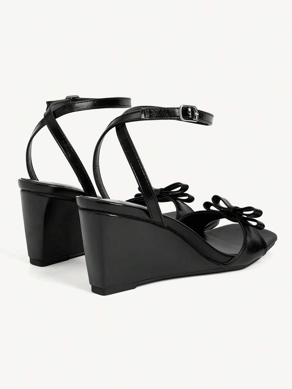 CUCCOO CHICEST Women's Shoes Three-Dimensional Bow Square Toe Slope Heel Commuter Versatile Black PU Leather Women's Slope Heel Platform Sandals Dating Vacation