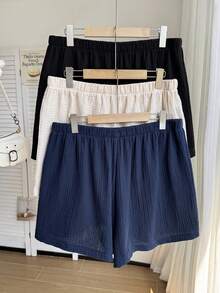 Comfortcana Conjunto de 3 piezas de pantalones cortos de lino de unicolor/multicolor cómodos casuales versátiles talla grande para primavera/verano - azul real - Ver 2