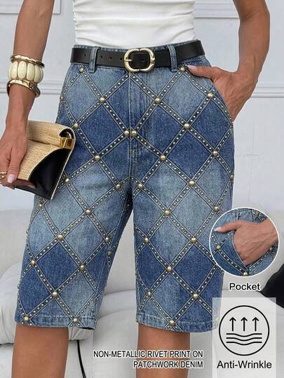Lavishia Denim Effect Print Pocket Mid-Length Pants, Suitable For Daily Wear