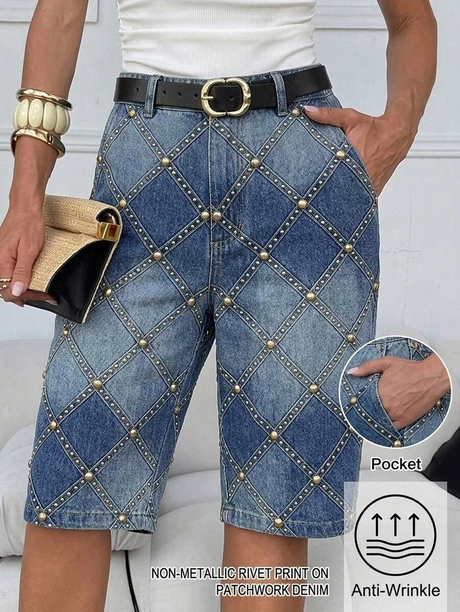 Lavishia Denim Effect Print Pocket Mid-Length Pants, Suitable For Daily Wear - Multicolor - View 1