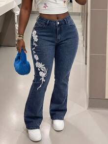 Slaydiva Plus Size Embroidered Flare Jeans - Dark Wash - View 2