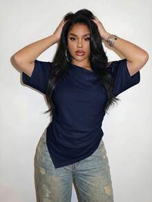 Slaydiva Spring/Summer Women's Plus Size Asymmetric Shoulder Ruched Hem T-Shirt, Graduation Season Beach - Navy Blue - View 5